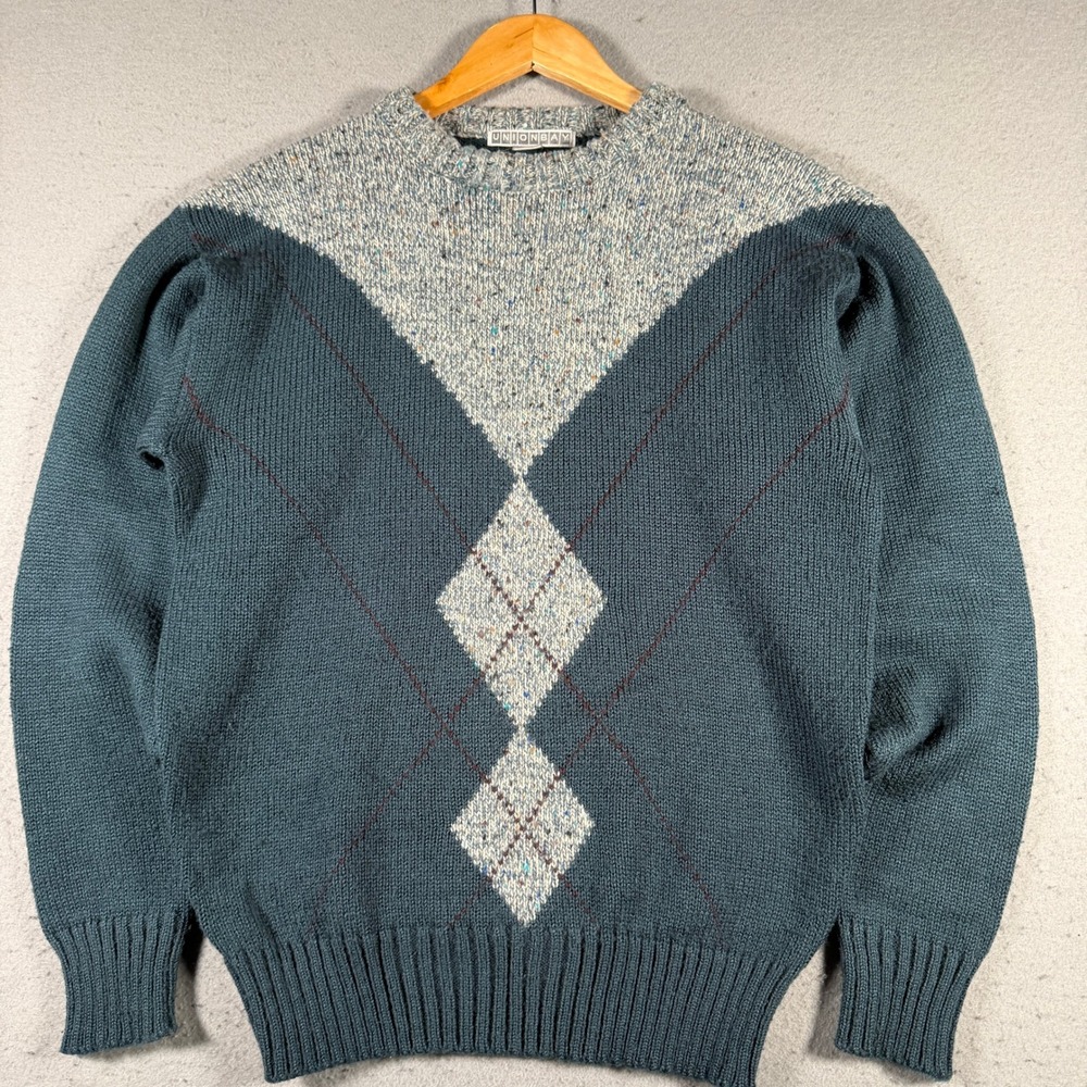 Vintage Unionbay Mens Argyle Crewneck Sweater Blue Speckled Wool‎ Blend Medium